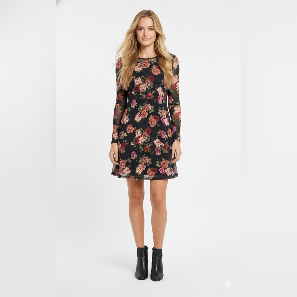 Stradivarius Women’s Black Multi-color Floral Long Sleeve Dress SZ L